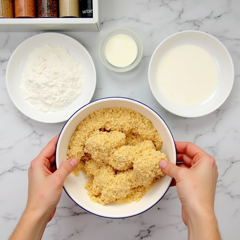 Hands coating marinated chicken in panko breadcrumbs with bowls of flour and buttermilk.