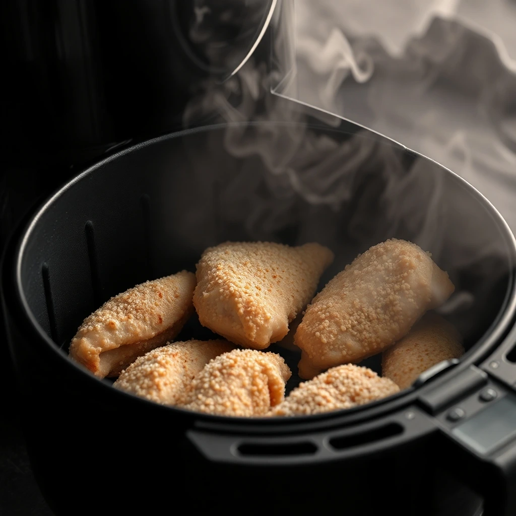 A sleek air fryer basket filled with evenly spaced, breaded chicken