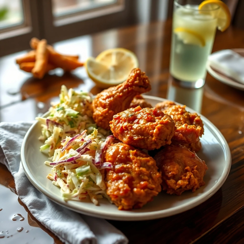 A plate of air fryer buttermilk chicken served with fresh coleslaw and a glass of lemonade.