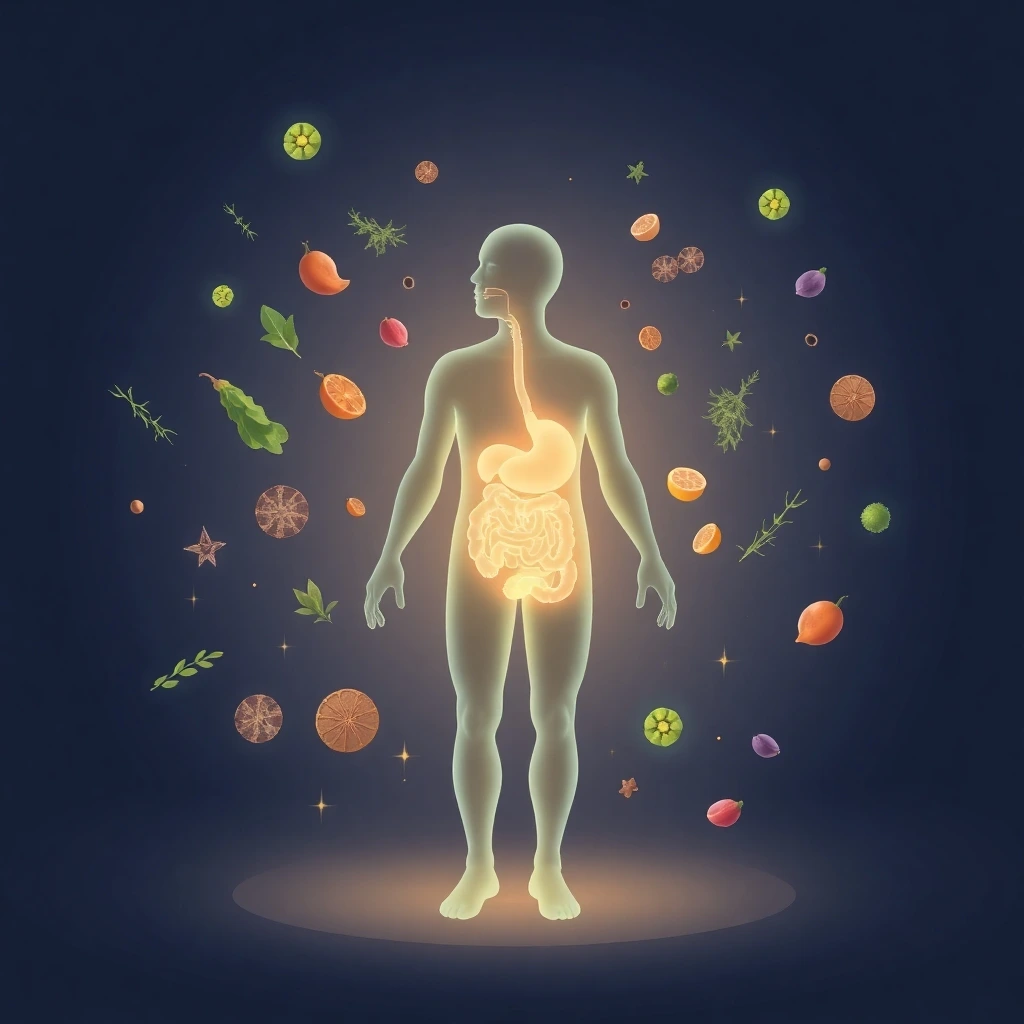 A glowing human silhouette with a radiant digestive system, surrounded by probiotic bacteria, herbal adaptogens, and fresh foods.