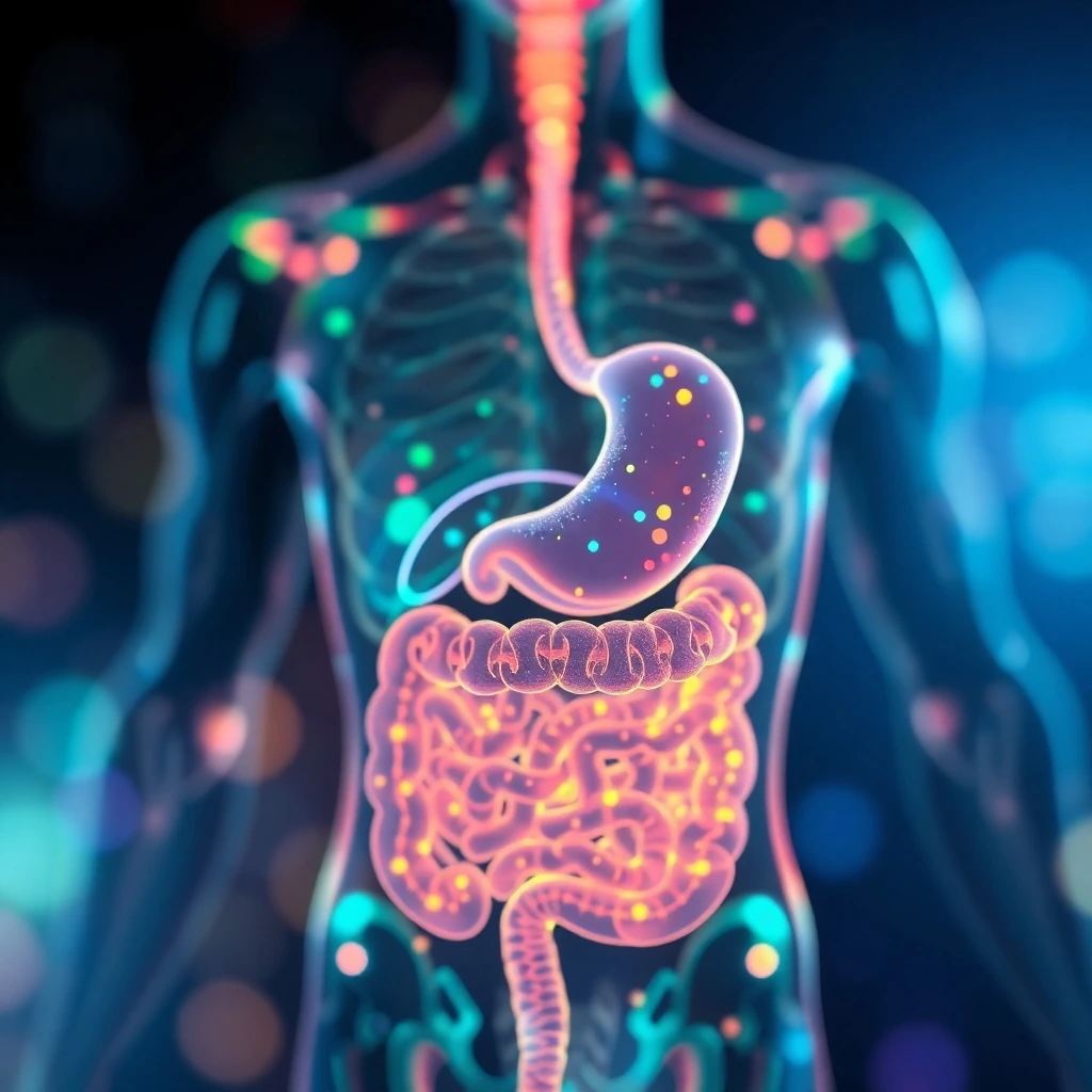 Gut-Health: A glowing human silhouette with a radiant digestive system.