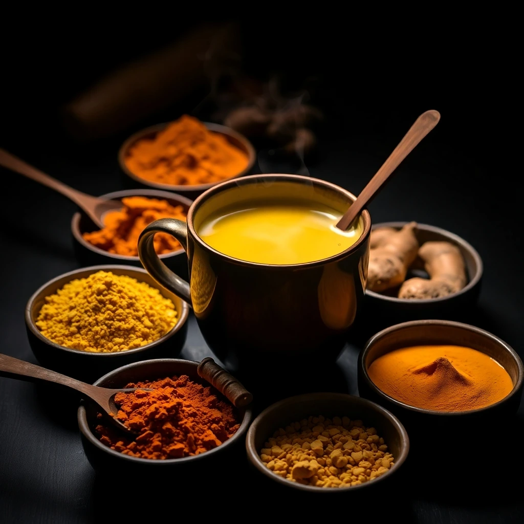 Adaptogenic herbs and powders such as turmeric, ashwagandha, ginger, and maca root, displayed in bowls with a steaming cup of golden milk.