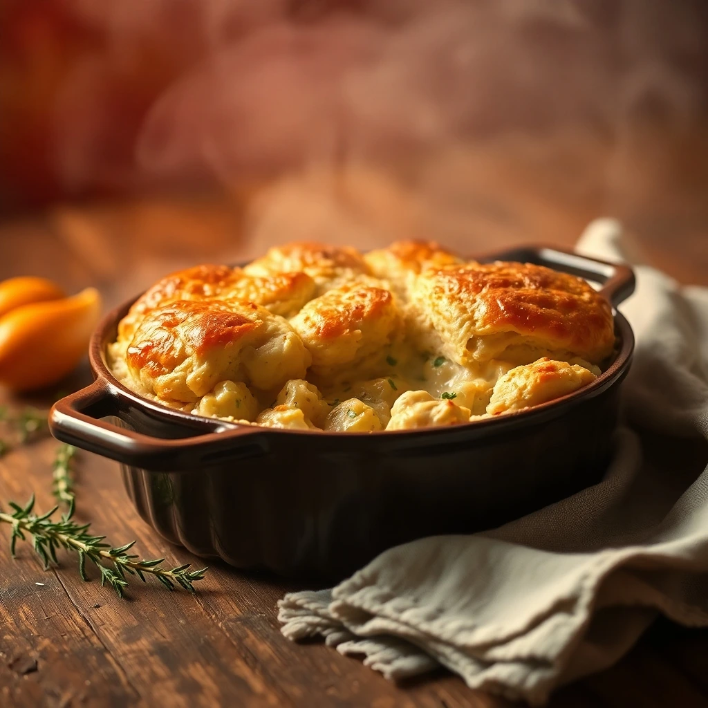 Mary Berry’s Chicken Cobbler:Golden-brown Chicken Cobbler fresh out of the oven in a rustic dish.