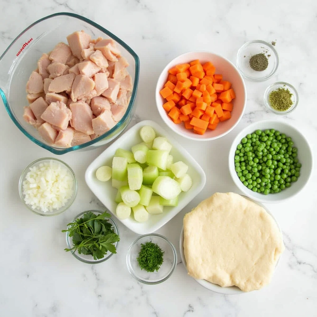 Mary Berry’s Chicken Cobbler: Pouring creamy sauce over seasoned chicken and fresh vegetables in a casserole dish.