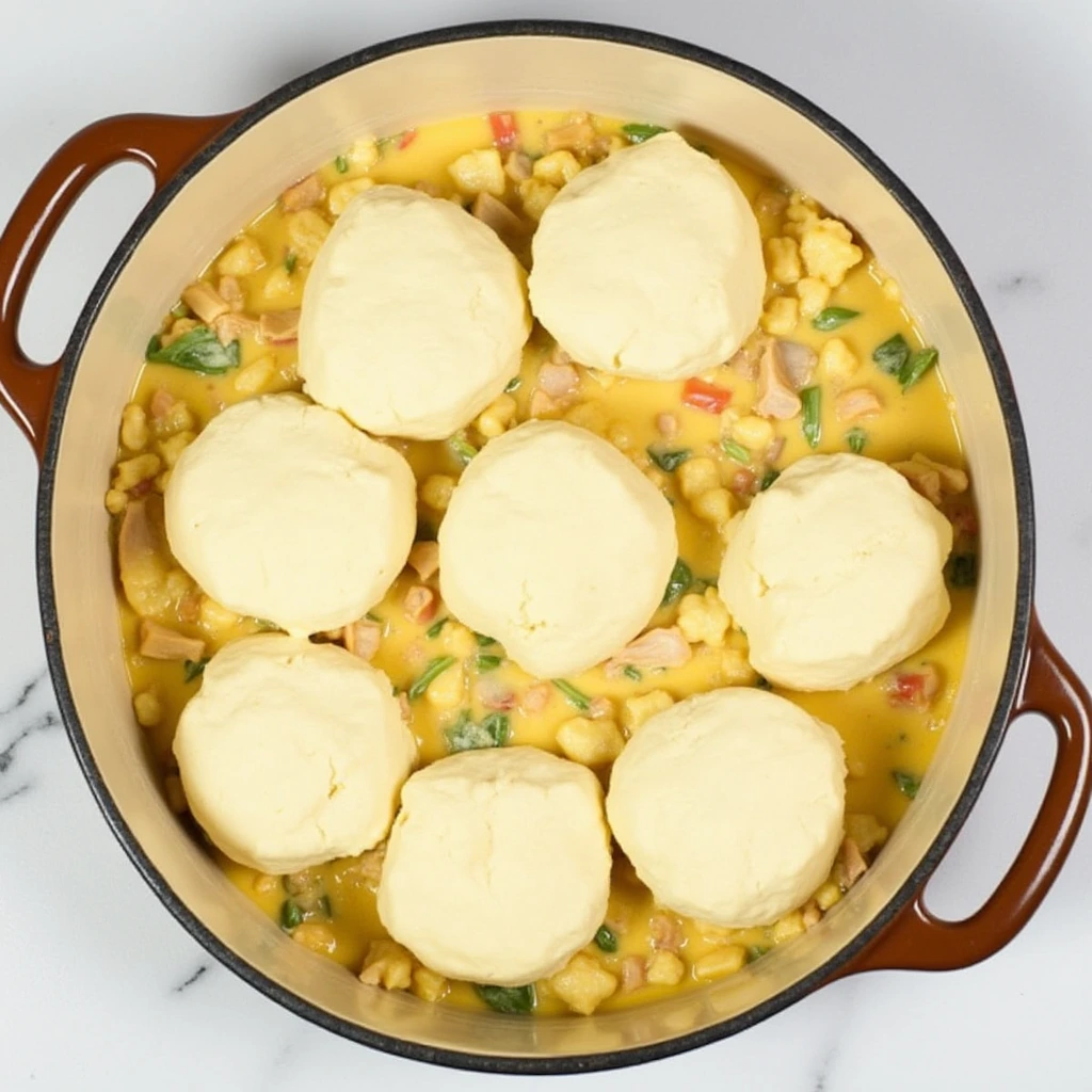  Unbaked biscuit dough being placed over a creamy chicken and vegetable filling.