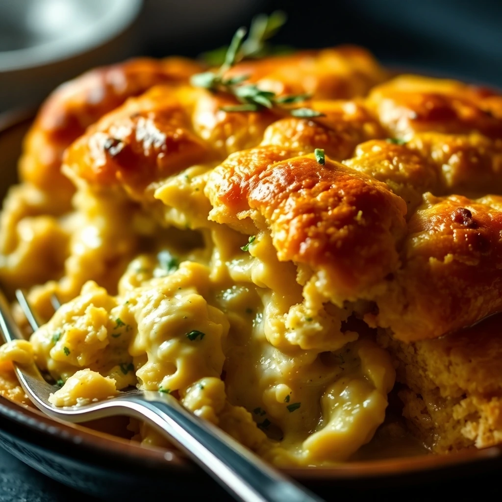 Chicken Cobbler garnished with fresh herbs, ready to be served.