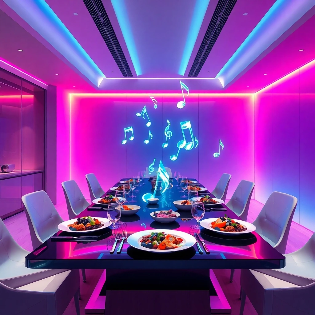 neurogastronomy: Futuristic dining table with neon pink and purple lighting, plated gourmet dishes, and floating musical notes.