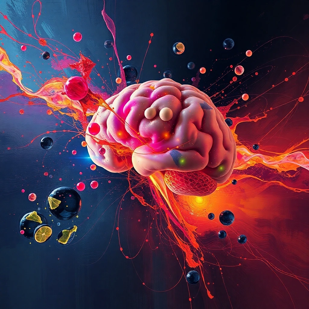 Neurogastronomy: Abstract depiction of a human brain bursting with colorful energy, fruits, and liquid splashes.