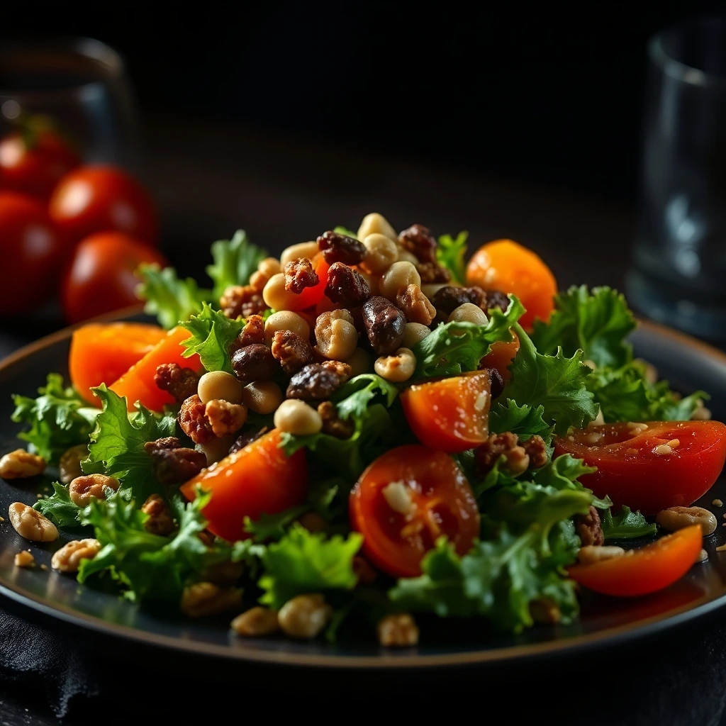 Neurogastronomy: Fresh salad of mixed greens, bright cherry tomatoes, and crunchy nuts on a dark plate.