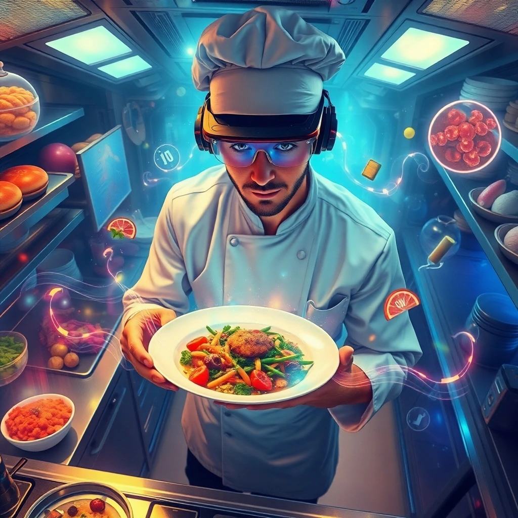 Neurogastronomy: chef in a high-tech kitchen wearing AR glasses