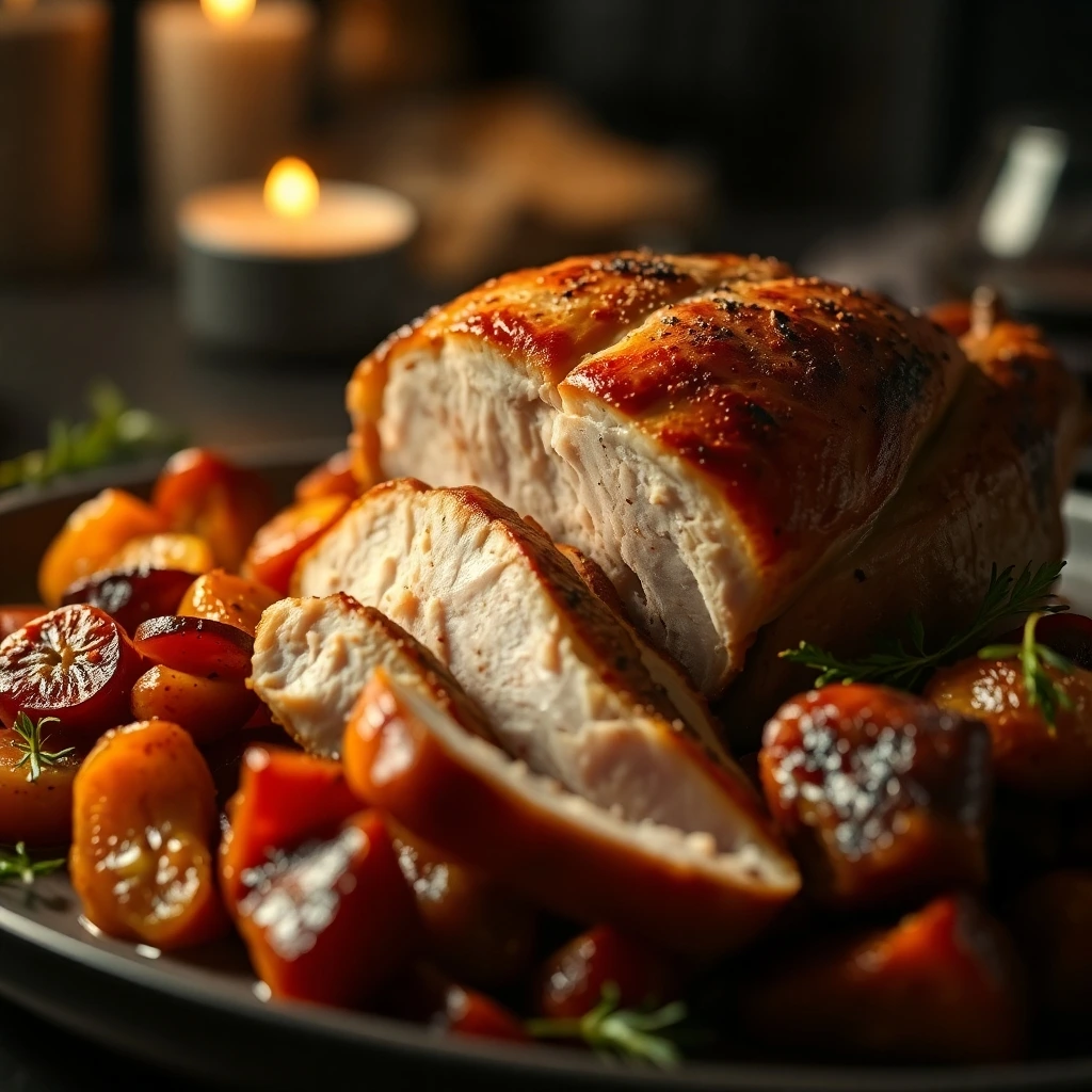 Juicy Polish roast chicken sliced to reveal tender meat, served with caramelized root vegetables.