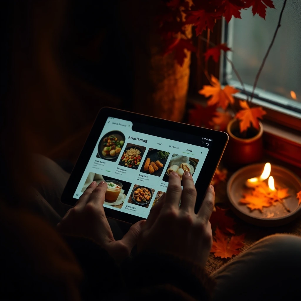 User interacting with AI-driven meal planning app on a tablet.