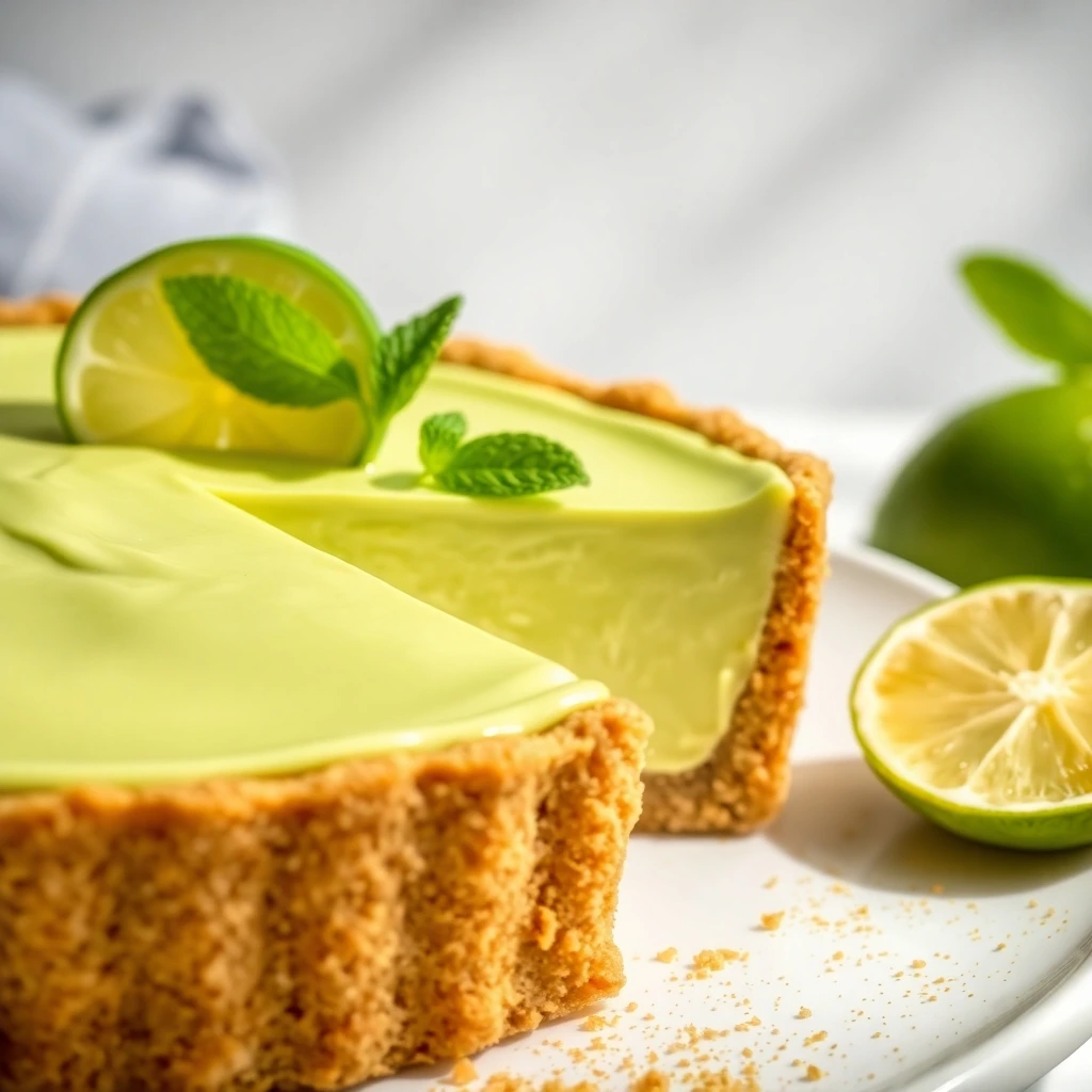 A close-up of a slice of vegan Key Lime Pie with a smooth light green filling, golden graham cracker crust, and garnished with lime and mint.