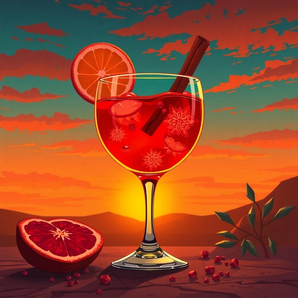 Alcohol-free: A vibrant red drink with a cinnamon stick and citrus slice, set against a sunset.