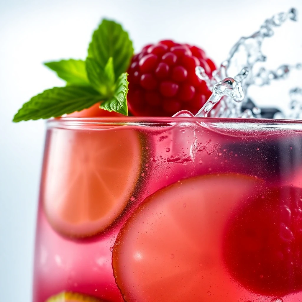 Alcohol-Free Revolution: A refreshing berry and citrus drink with ice, mint, and splashing water.