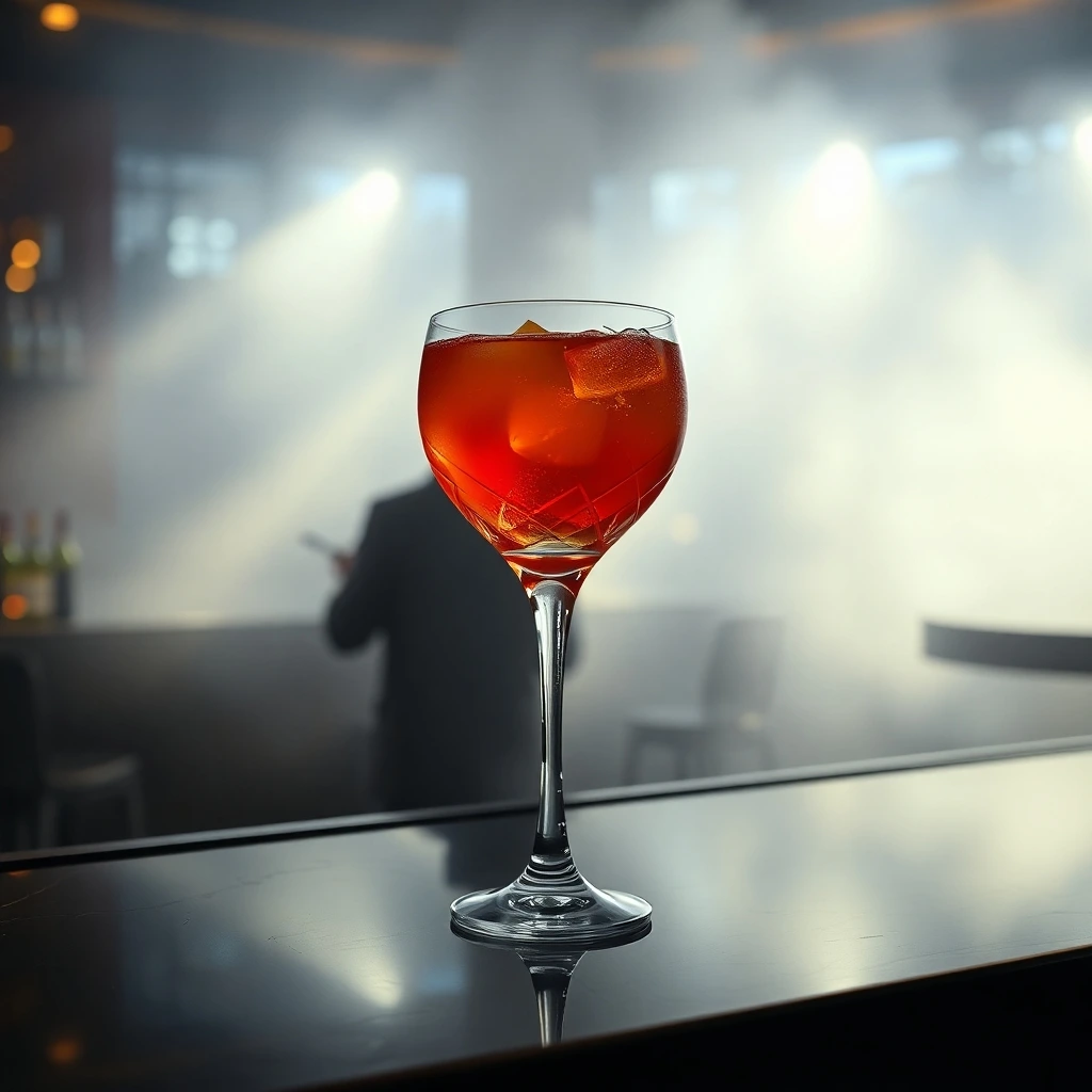 Alcohol-Free Revolution: A sophisticated red drink with ice in an elegant glass at a moody bar setting.