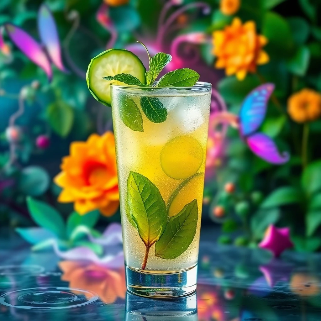 A bright yellow-green drink with mint, cucumber, and ice, set in a colorful garden.