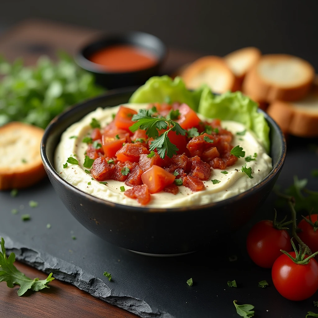 High-resolution image of a sleek BLT Dip in a modern bowl, blending crispy bacon, chopped romaine lettuce, and cherry tomatoes in a creamy base, exemplifying a unique crowd-pleasing dips recipe.