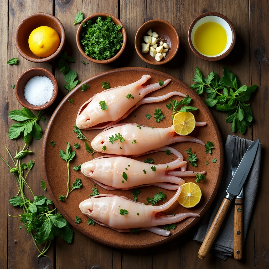 Raw calamari prepared for cooking on a rustic plate with herbs, lemon, and seasonings.