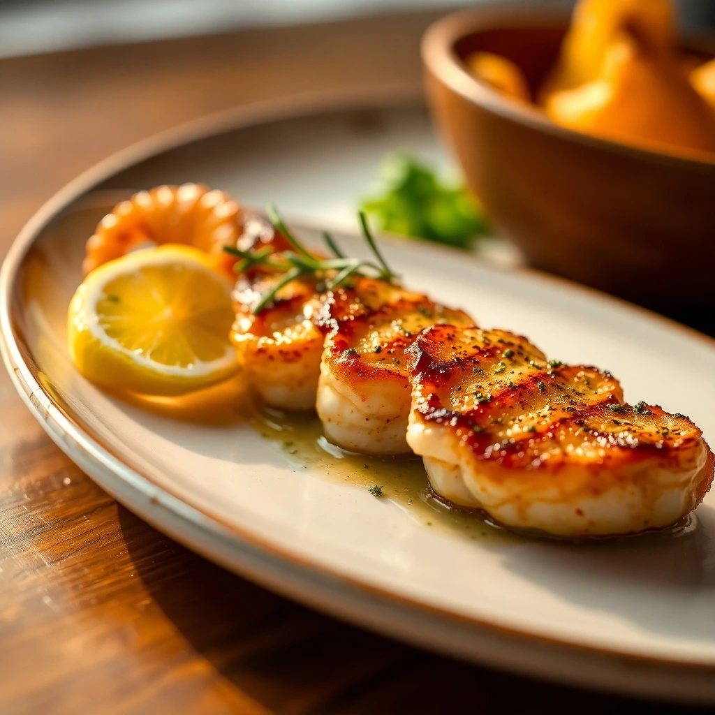  Grilled calamari steak with a golden crust, served with lemon and herbs.