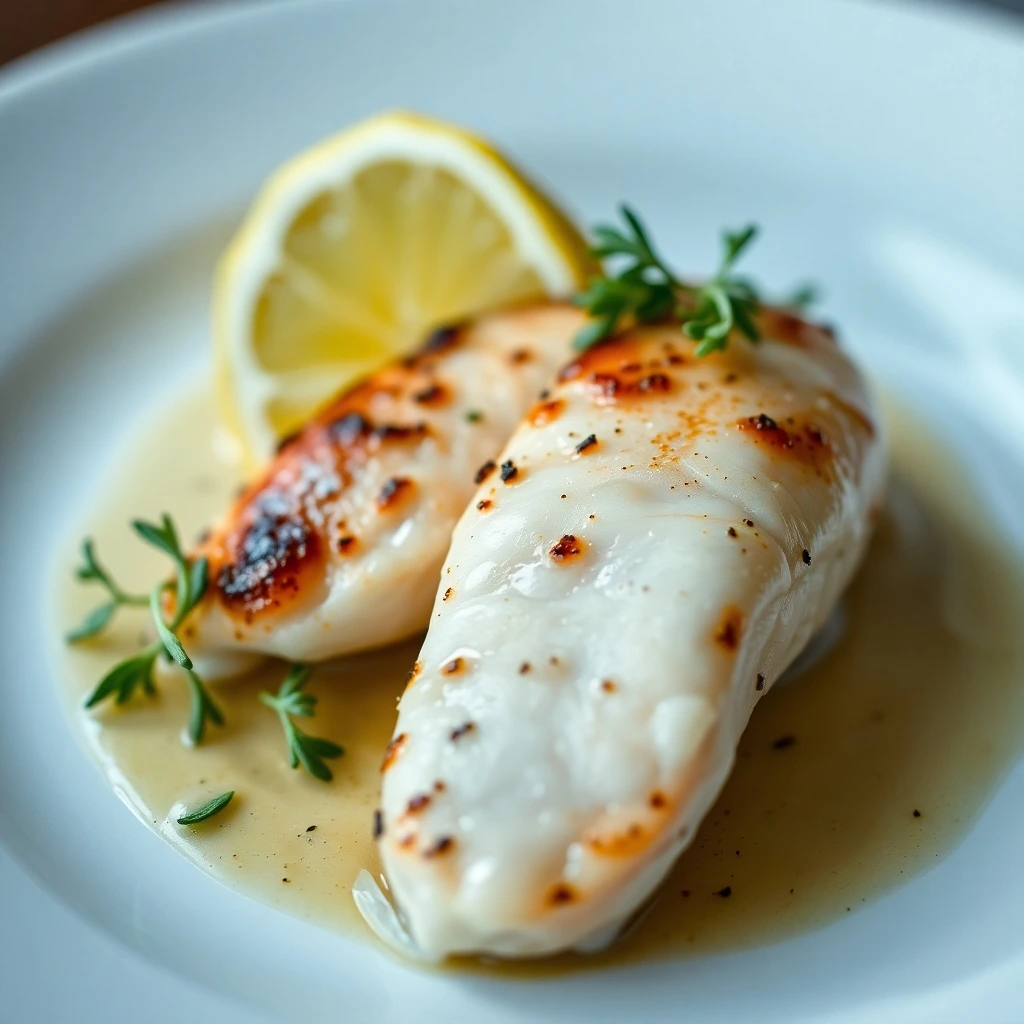 Grilled calamari steak with a golden crust, served with lemon and herbs.