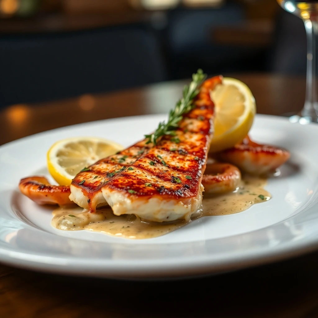 Grilled calamari steak with a rich sauce, garnished with rosemary and lemon.