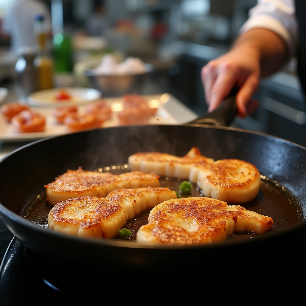 Close-up of seared calamari steaks in a black skillet with a golden-brown crust, being cooked by a chef in a professional kitchen.