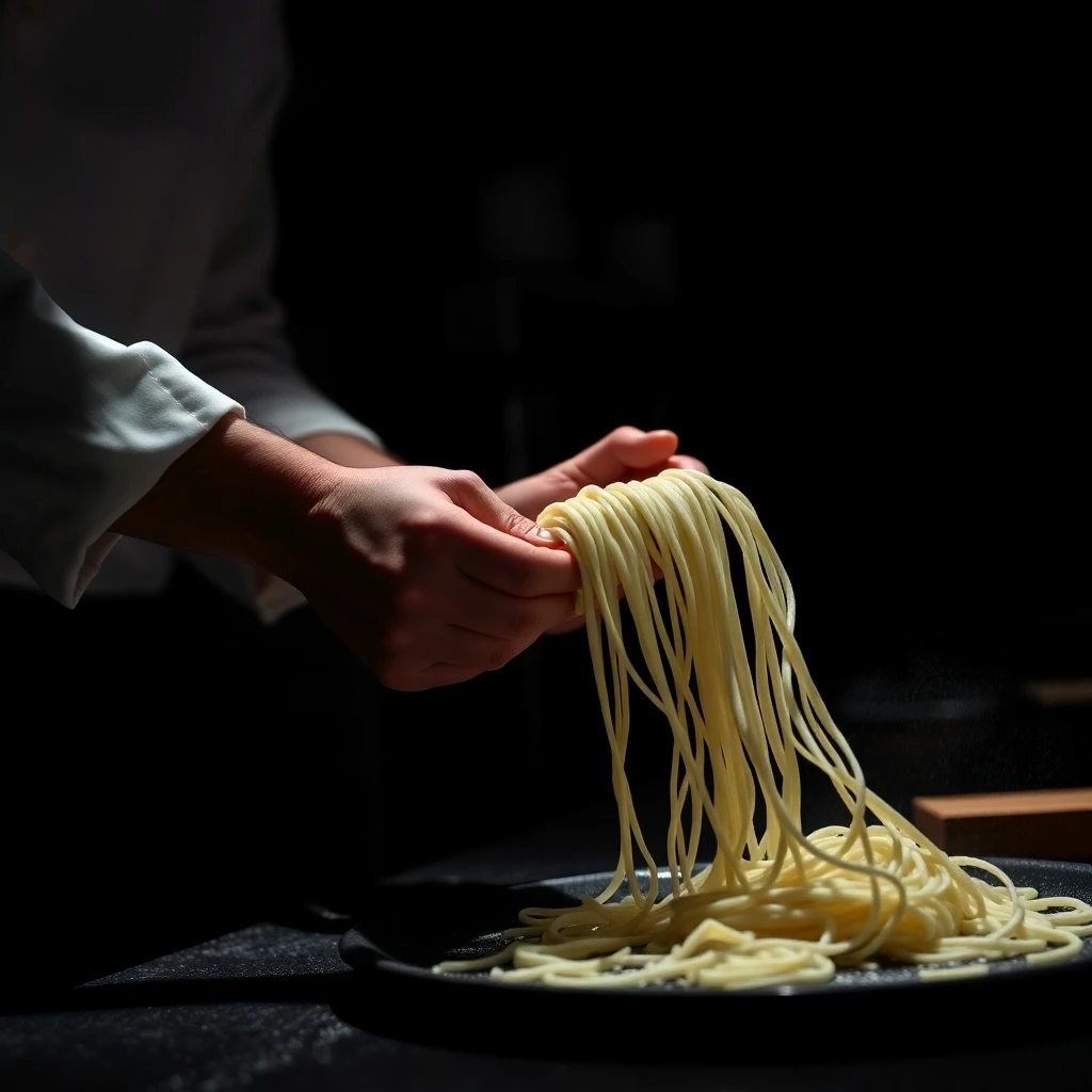 Chef's hands expertly stretching and pulling dough into long, thin noodles in a modern kitchen.