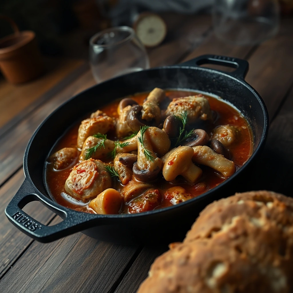 Polish chicken recipes: Creamy chicken and mushroom stew in a cast-iron skillet garnished with fresh dill.