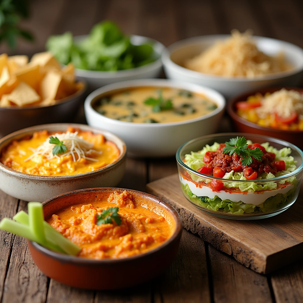 A photorealistic image featuring five delectable dips artfully arranged on a rustic wooden table