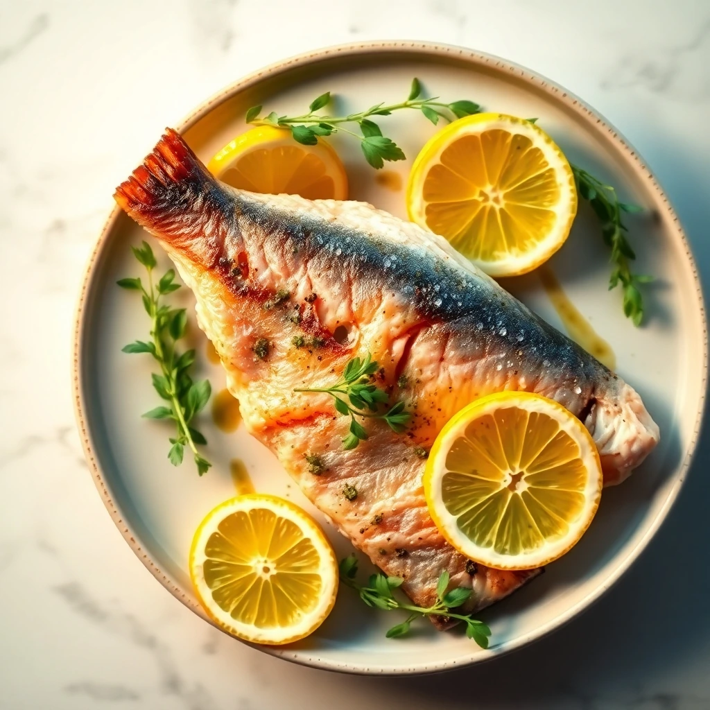 A beautifully styled, overhead shot of a plated dry-aged fish dish