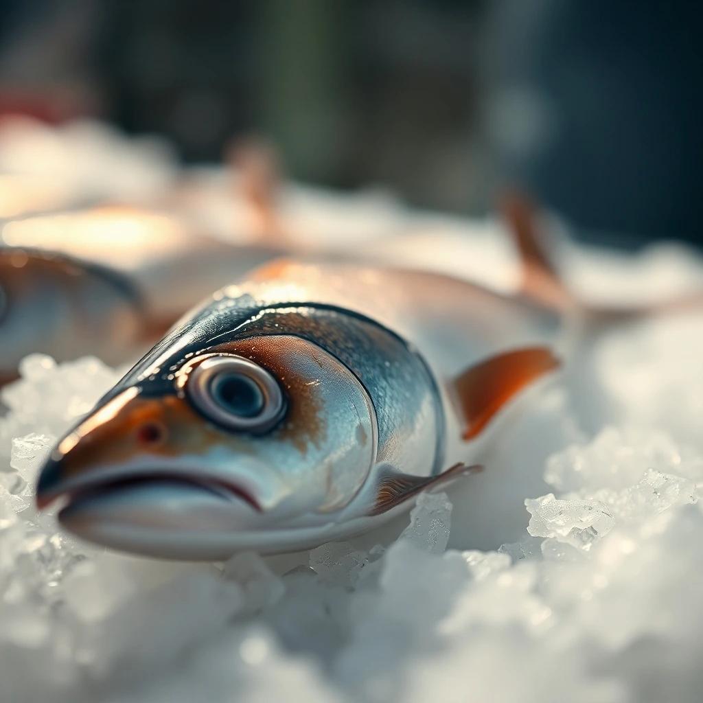 Close-up of fresh fish on ice, ideal for dry-Aged Fish.