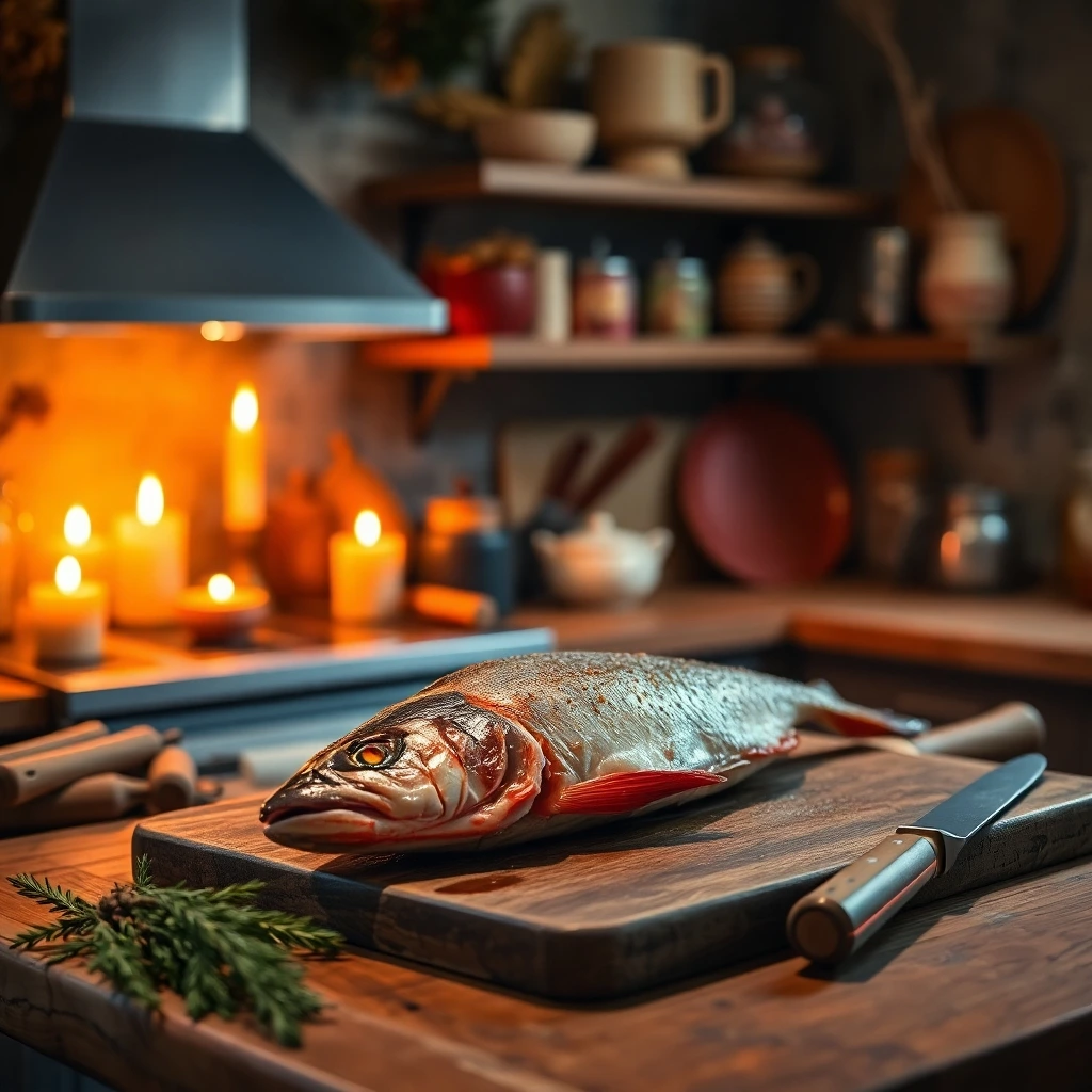 Freshly dry-aged fish on a rustic cutting board in a well-lit home kitchen, surrounded by chef tools and fresh ingredients.