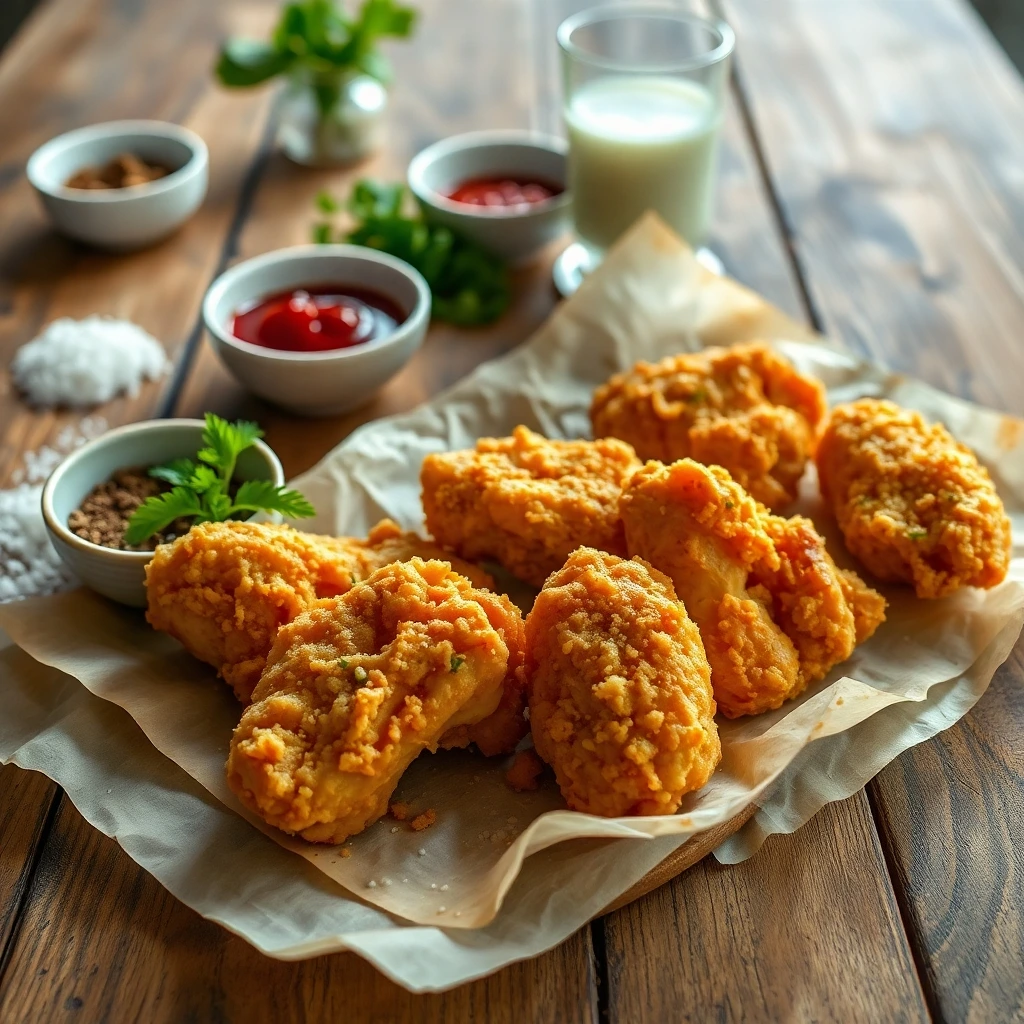 Fried Chicken served on parchment paper with dipping sauces.