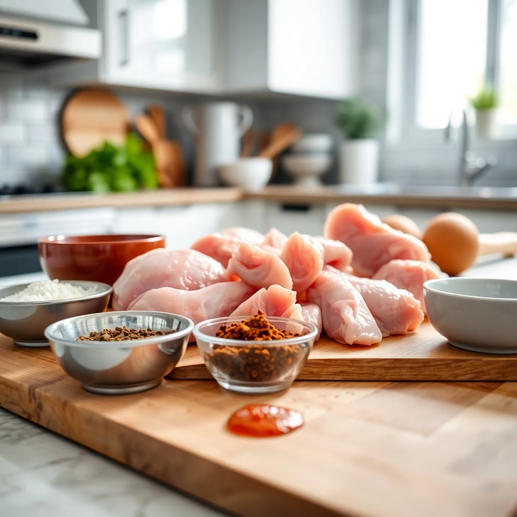 Fried Chicken preparation ingredients on a wooden cutting board.