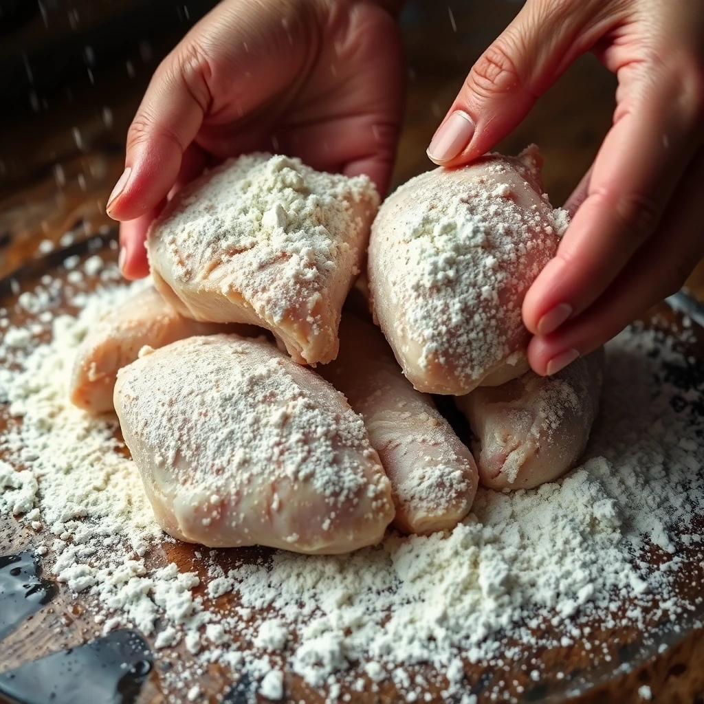 Fried Chicken pieces being coated in seasoned flour.