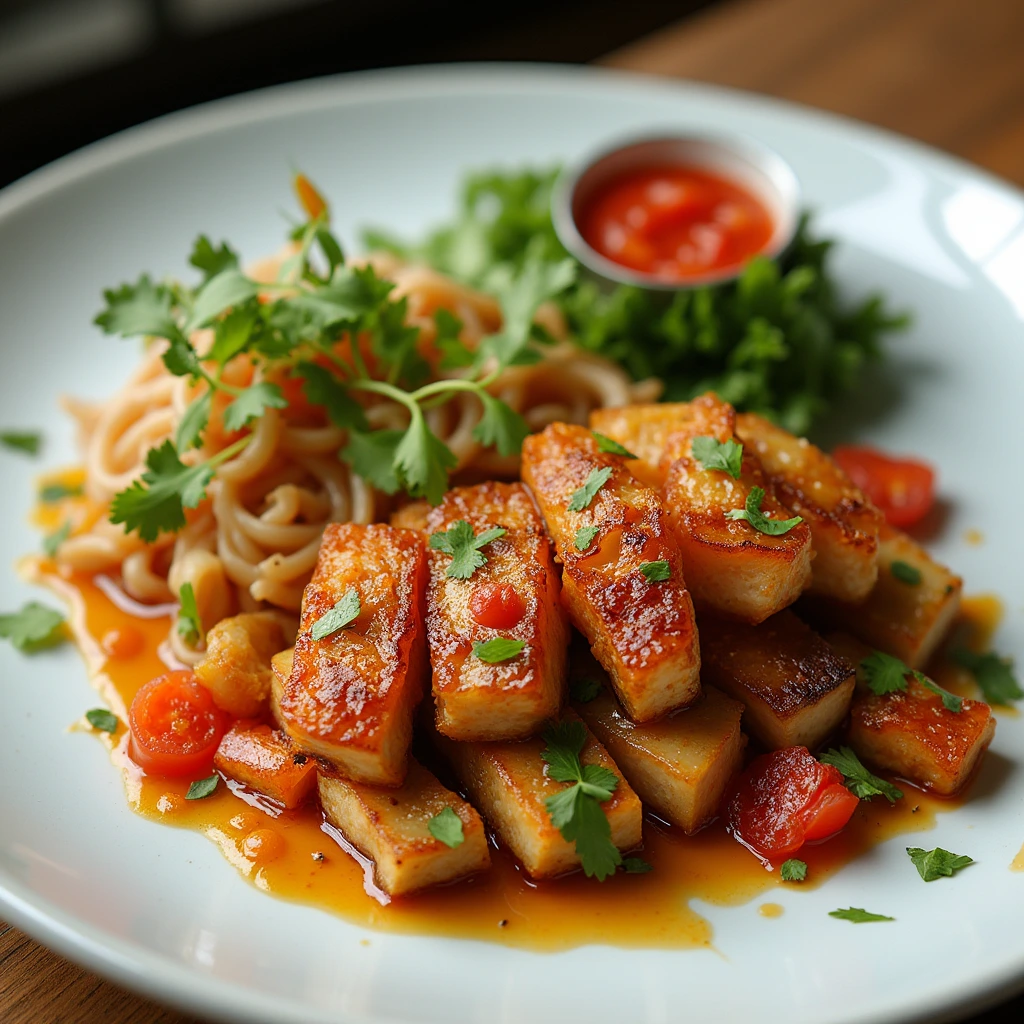 A plate of golden-brown, glazed tofu slices garnished with fresh cilantro, served with noodles and a side of spicy sauce.