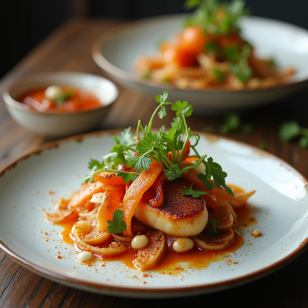 A gourmet seafood dish featuring seared scallops, roasted red peppers, and fresh herbs, elegantly plated.