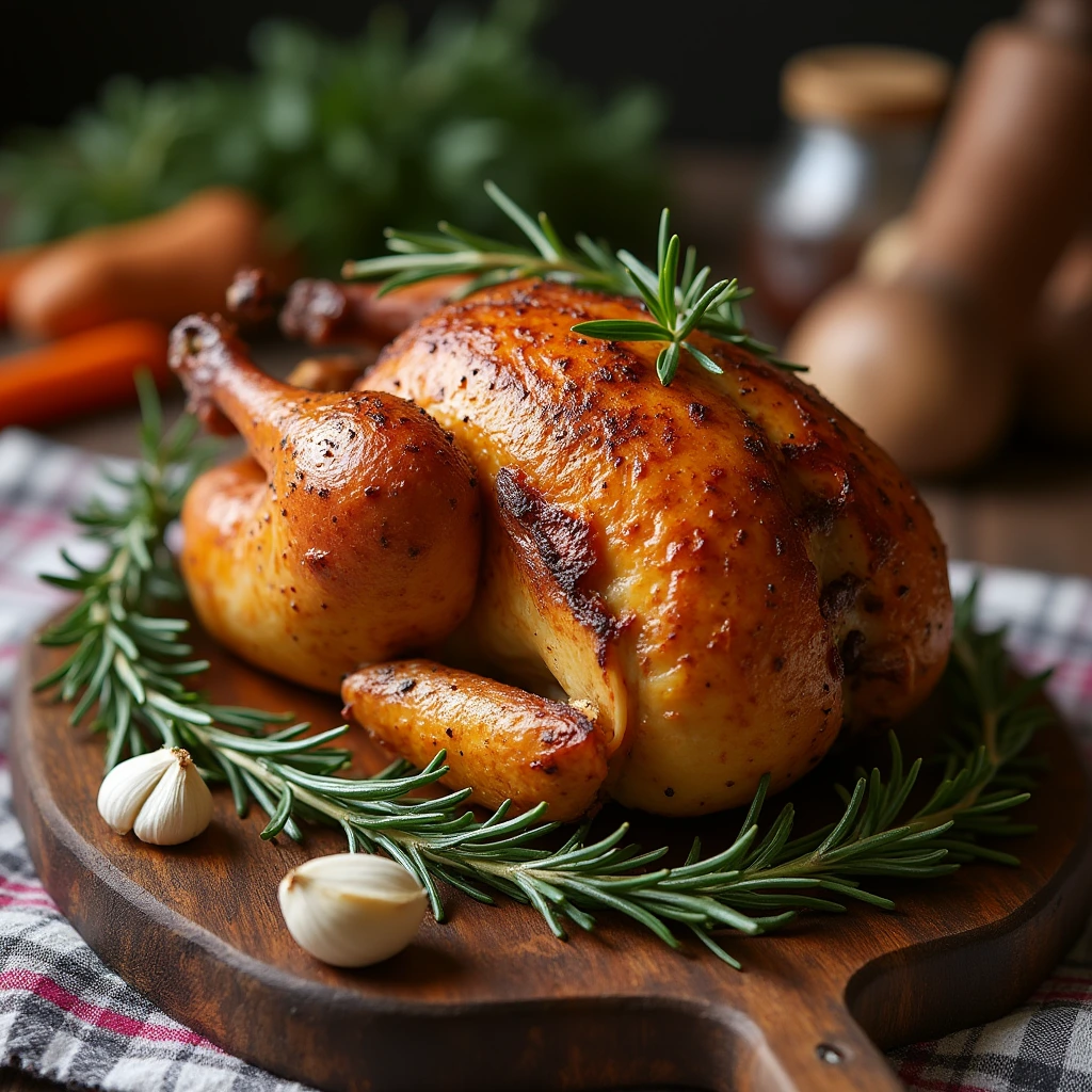 Golden-brown Polish roast chicken with crispy skin, garnished with fresh rosemary and garlic cloves, resting on a rustic wooden cutting board.