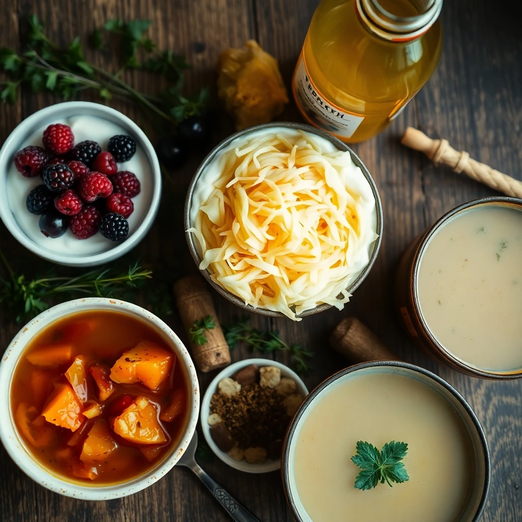 A variety of fermented foods, including yogurt, sauerkraut, kombucha, kimchi, and miso, arranged on a rustic wooden table