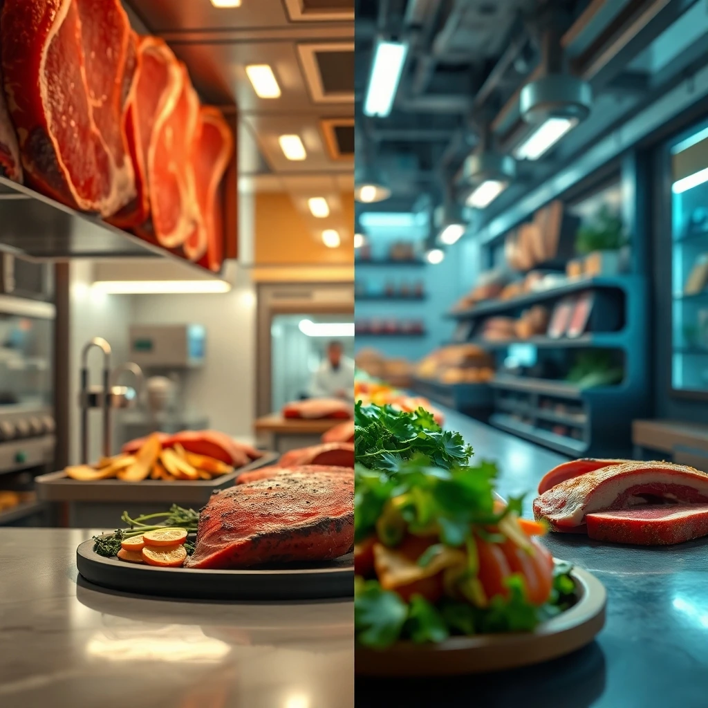 Split-screen image comparing lab-grown meat in a futuristic lab and plant-based deli cuts on a rustic table.