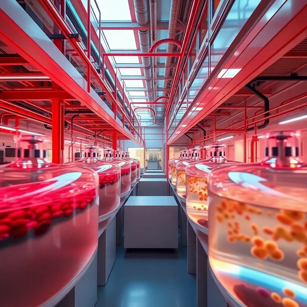 Futuristic lab showcasing lab-grown meat in high-tech bioreactors with digital screens and cool blue lighting.