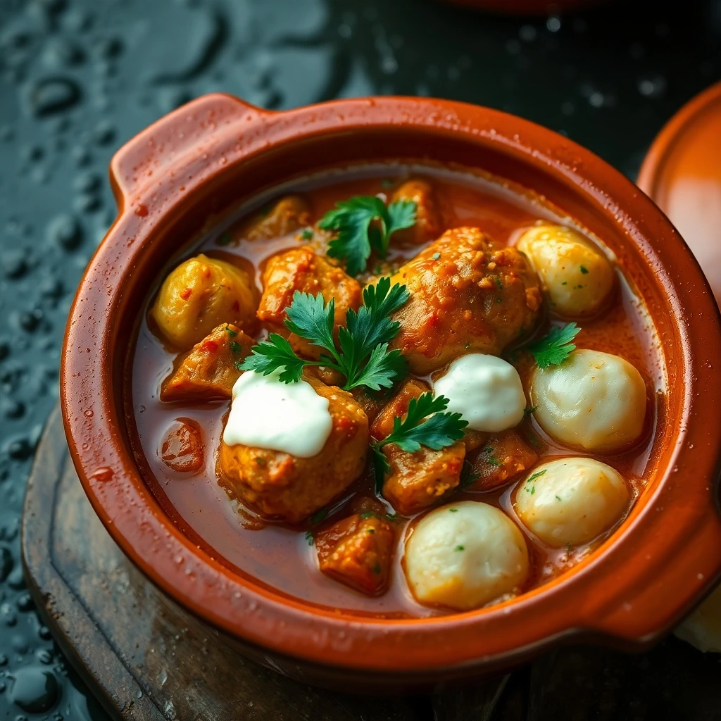 Paprika-spiced chicken stew in a clay pot, topped with sour cream and fresh parsley.