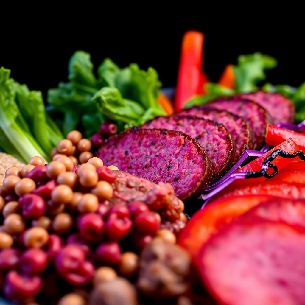 Vibrant deli counter displaying plant-based deli cuts with fresh natural ingredients in a bright, inviting setting.