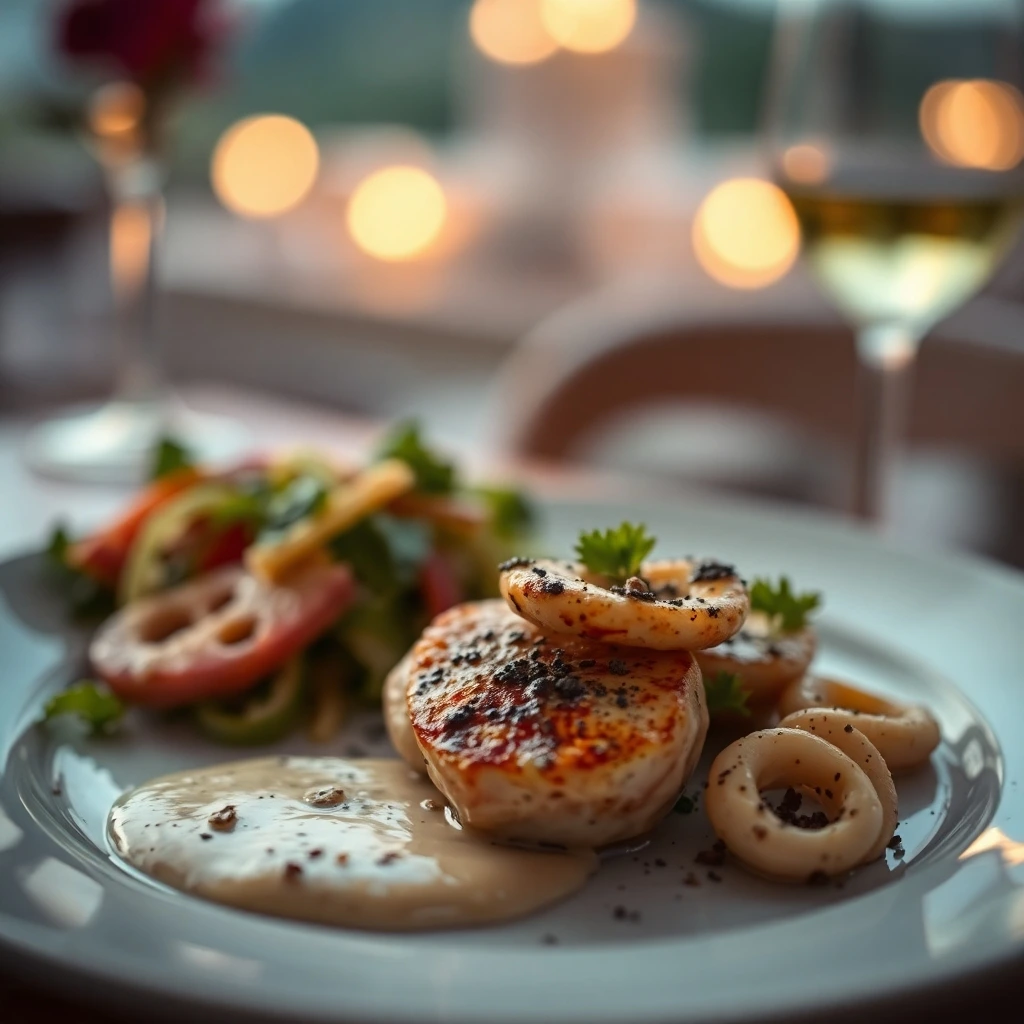 A plated calamari steak with a creamy sauce and a fresh salad, set against a romantic candlelit background.