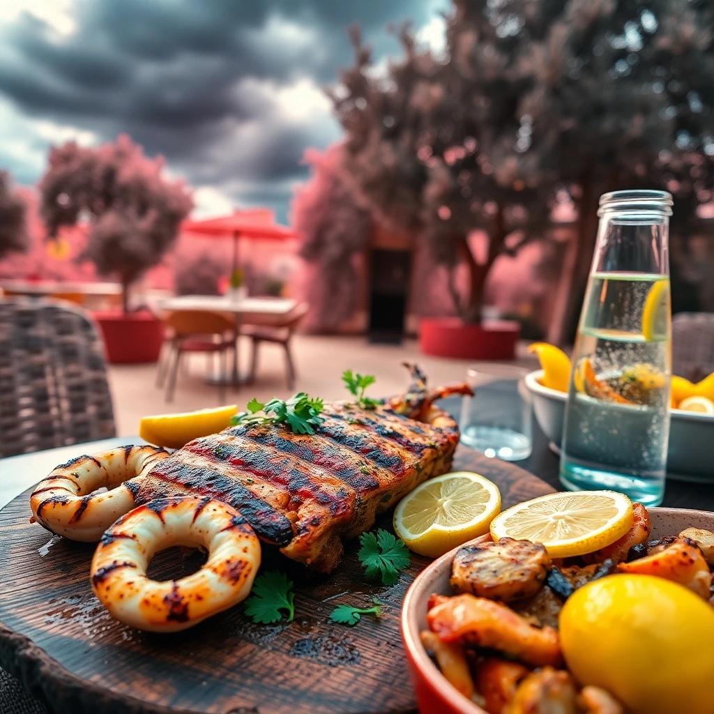 calamari steak recipes: A grilled calamari steak with charred marks, garnished with lemon slices and fresh herbs, served on a rustic wooden board.