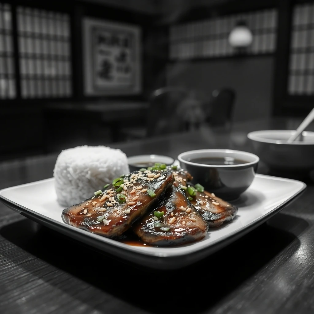 A Korean-style calamari steak drizzled with gochujang sauce, garnished with sesame seeds and scallions, served with white rice.