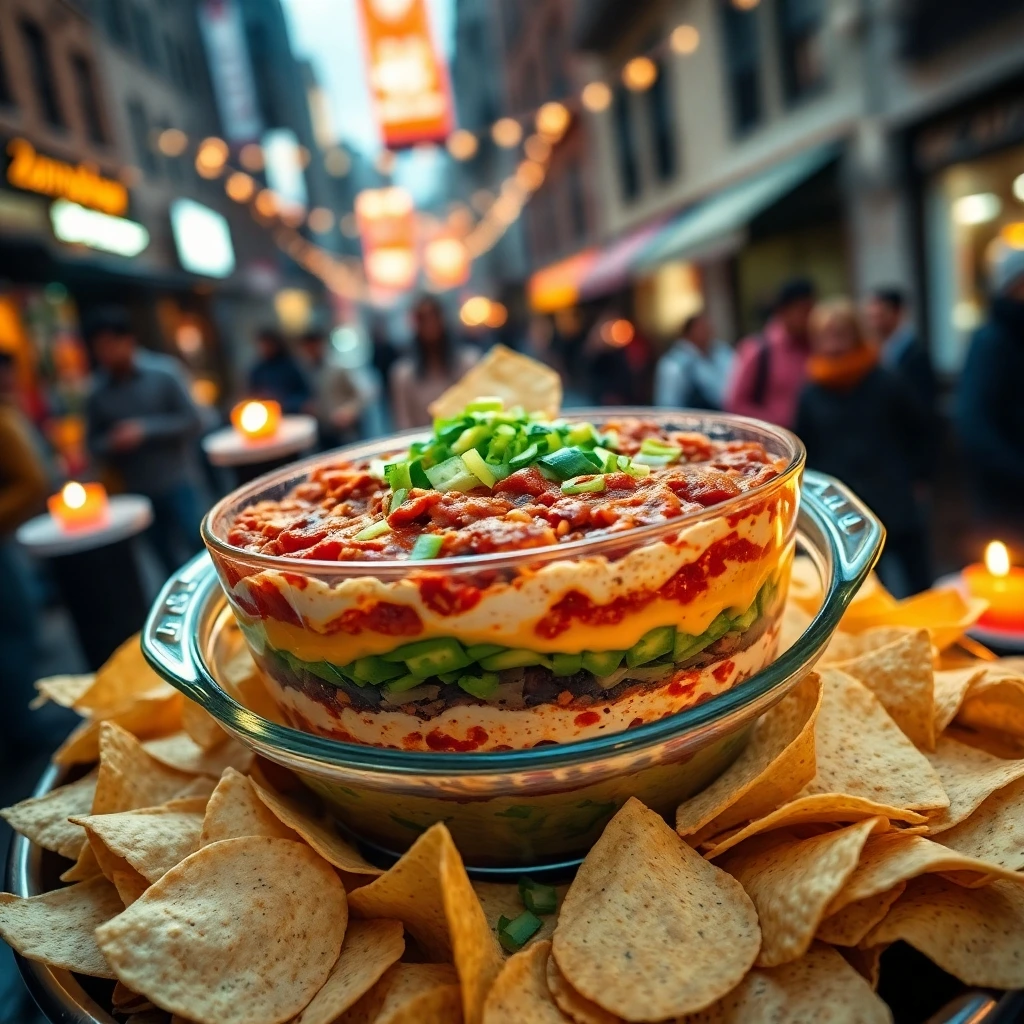 High-resolution overhead shot of a colorful Seven-Layer Taco Dip in a transparent glass dish, displaying distinct layers of refried beans, guacamole, salsa, sour cream, lettuce, tomatoes, and cheese, epitomizing crowd-pleasing dips for festive occasions.