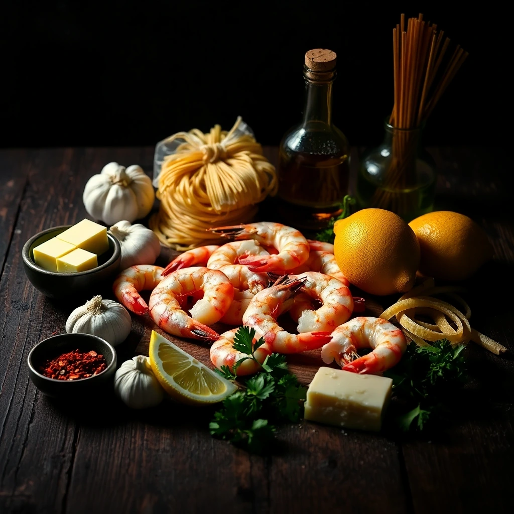 Shrimp Scampi with Pasta ingredients neatly arranged on a wooden countertop.