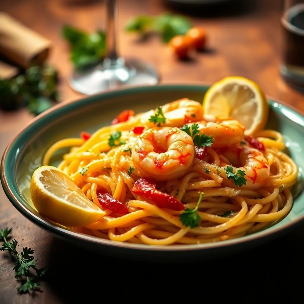 A plated dish of shrimp scampi with pasta garnished with lemon and parsley.